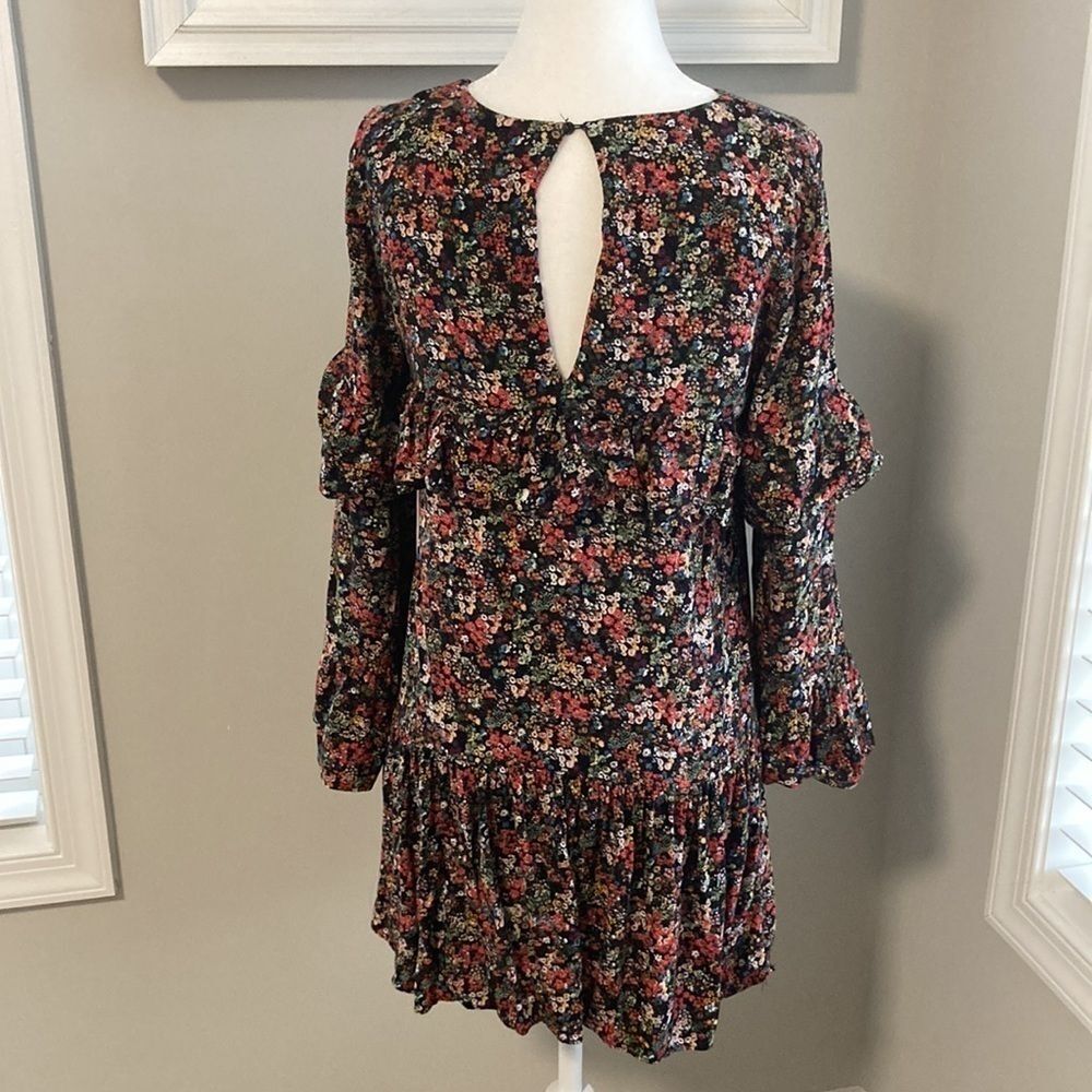 Zara Trafaluc Collection Black Floral Boho Tiered Ruffle Fall Tunic Mini Dress - Picture 7 of 16
